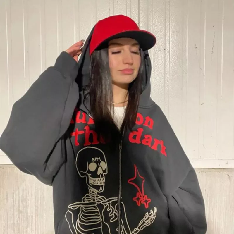 Zip Up Hoodie Y2K Harajuku Oversized Skull Sweatshirt 2022 Punk Goth Long  Sleeve Hoodies Women Grunge Hooded Jacket Streetwear - AliExpress