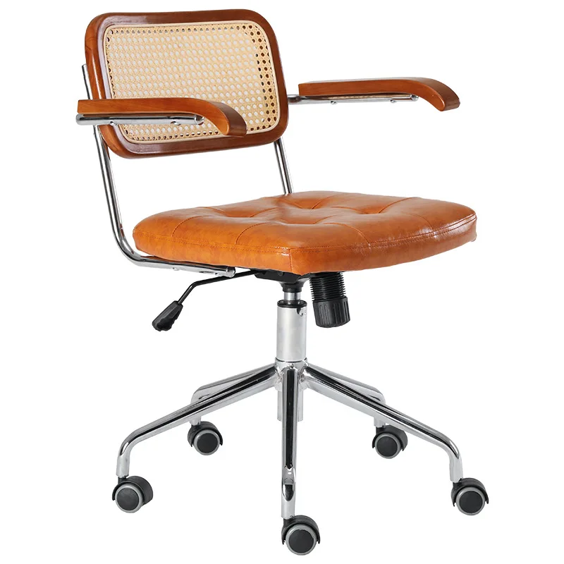 Retro rotating chair Rattan computer office chair Japanese comfortable storage study desk seat breathable armrest rattan office chair