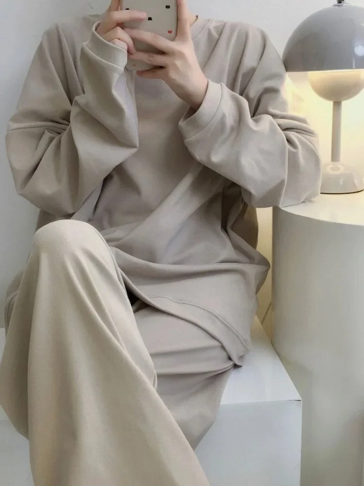 Premium Simple Women's Pajamas Set of Solid Color Long-sleeved Spring and Autumn Models Casual and Elegant Homewear Sleepwear