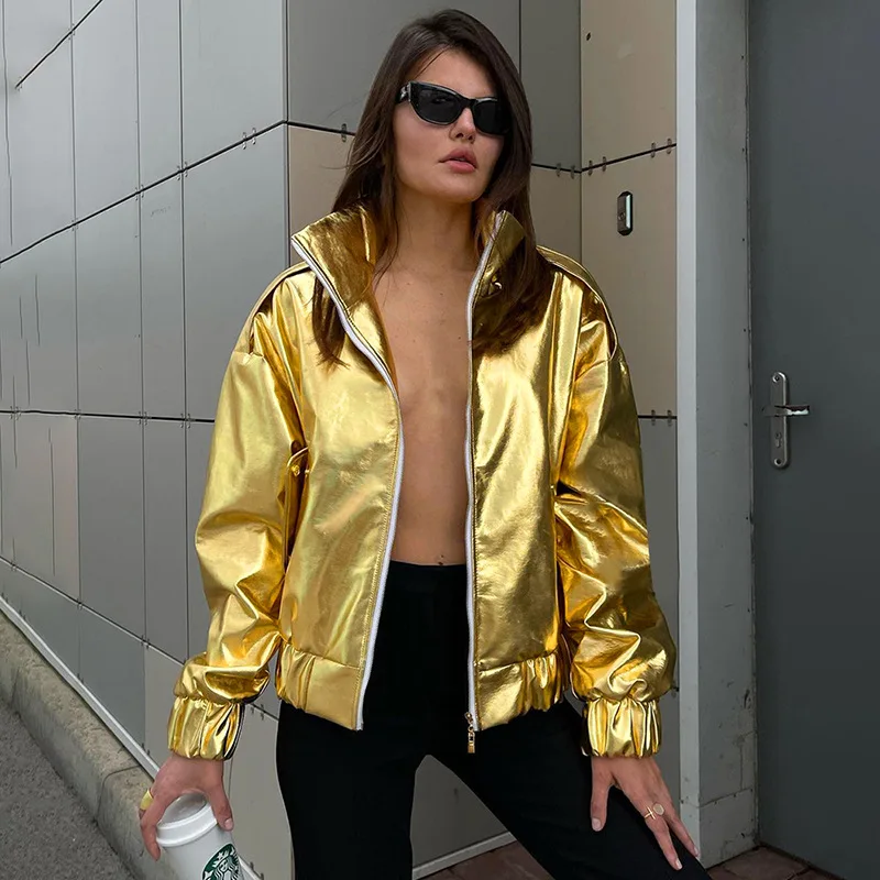 

M23TP411 European and American Women's New Solid Color Leisure Lapel Zipper Long Sleeve Pocket Glossy Coat Jacket