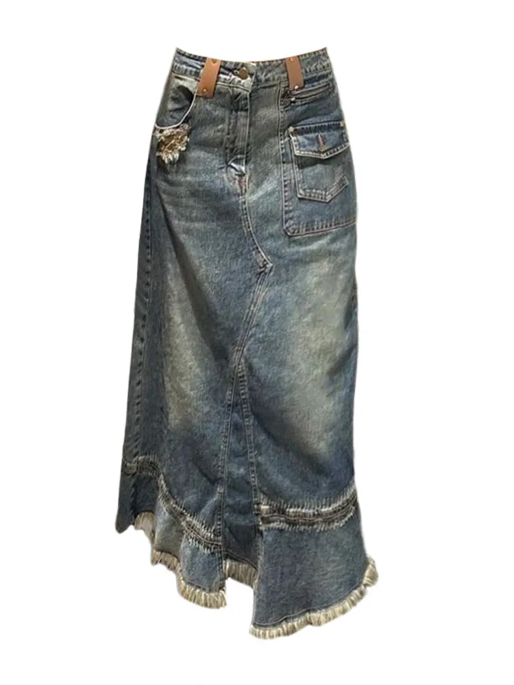 

Модная Джинсовая юбка в стиле Харадзюку, женские джинсы с завышенной талией, синяя трапециевидная юбка, пикантная Корейская уличная одежда в стиле ретро с бахромой и необработанными краями, Y2k