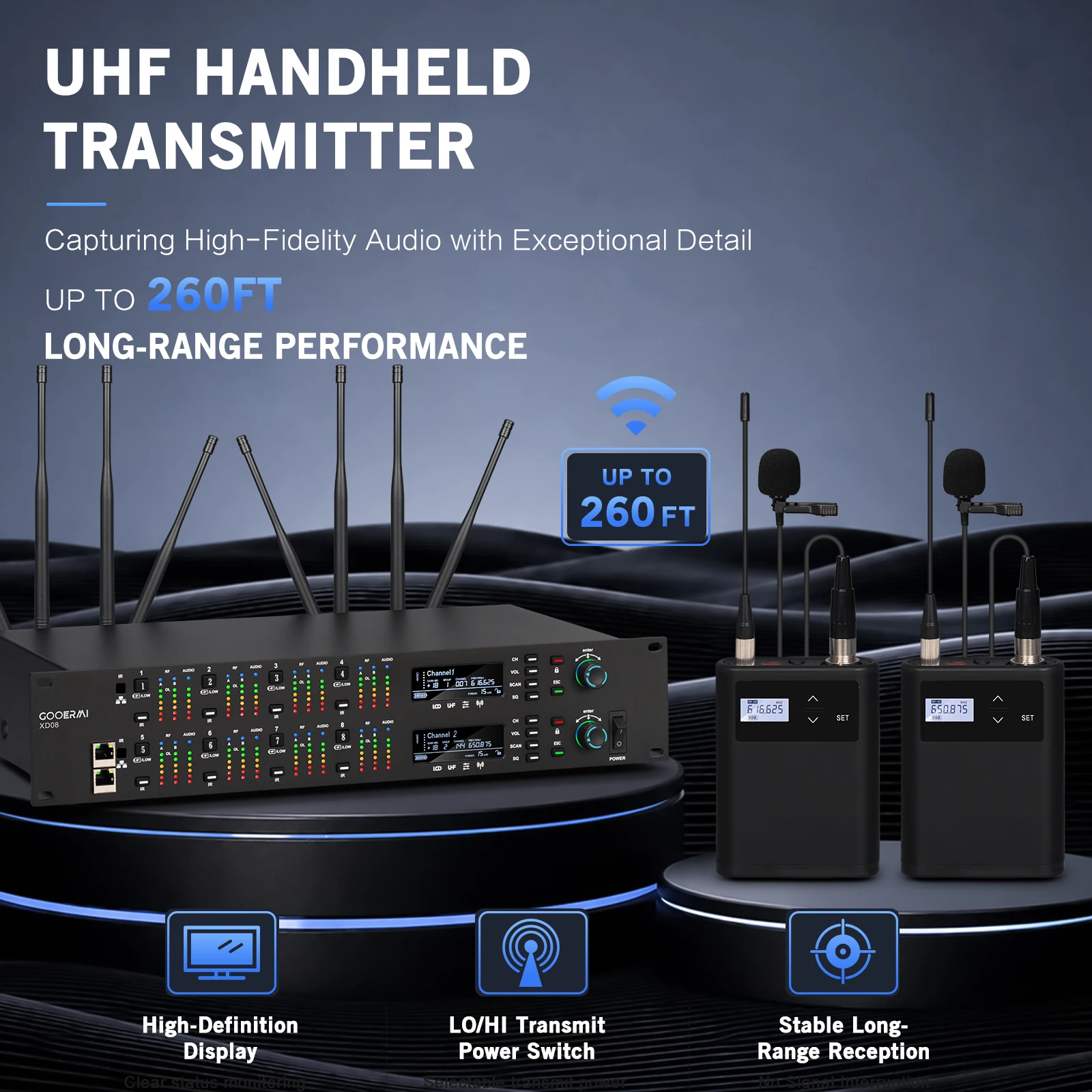 구어미 XD08 UHF 무선 마이크 시스템 260피트 장거리 핸드헬드 라발리에 마이크 (노래방, 교회, 결혼식, 무대 연설용)