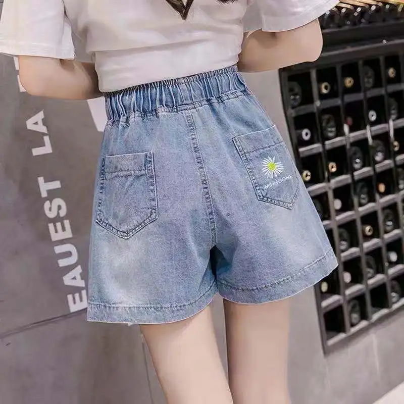 Fashion Elastic Lace Up Pockets Wide Leg Denim Shorts Female Clothing 2024 Summer New Loose High Waist Solid Color Casual Shorts