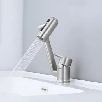 ก๊อกน้ำอ่างล้างหน้าแบบโมเดิร์น หมุนได้ พับได้ 3 โหมดการใช้งาน น้ำเย็น/น้ำร้อน ก๊อกน้ำติดตั้งบนเคาน์เตอร์ สแตนเลส 2