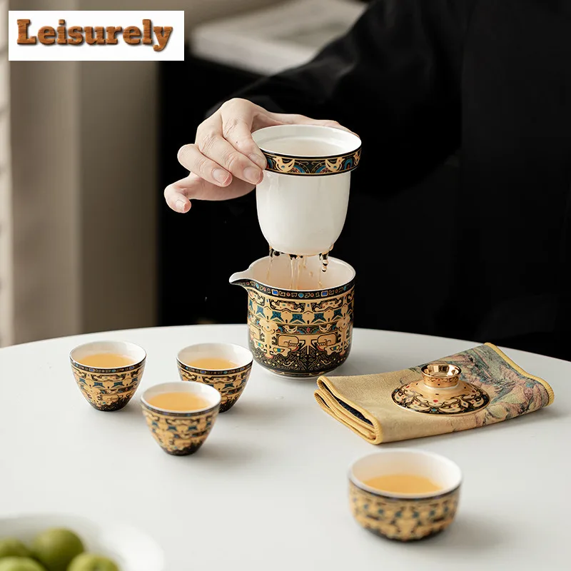 Chinese Thangka Pattern Travel Tea Set Kit Japanese 1 Pot 4 Cups Kit Household Tea Maker Picnic Portable Handbag Tea Items Craft