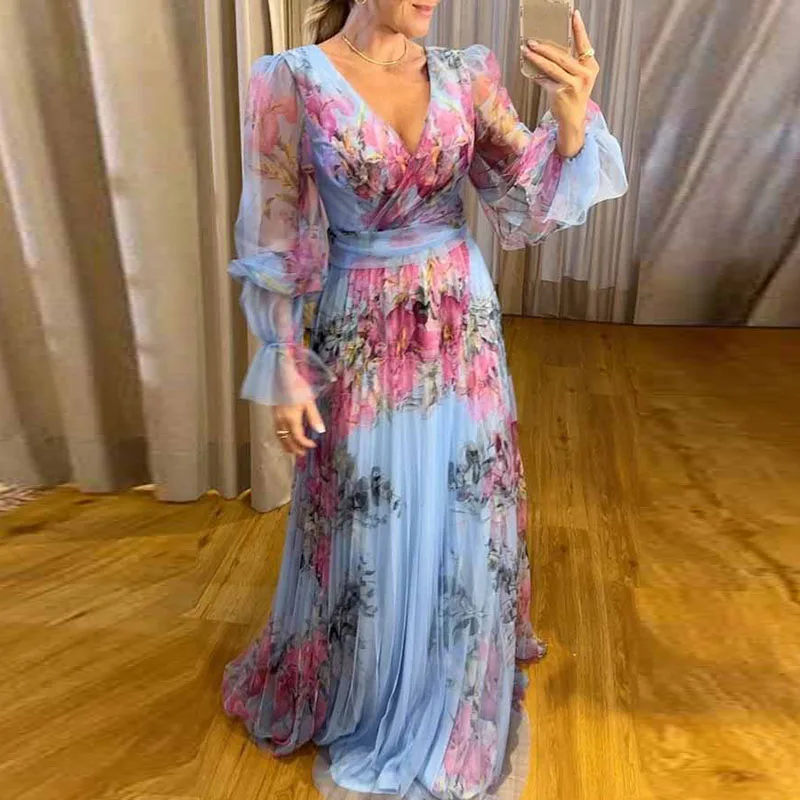 

Autumn Spring V Neck High Waist Party Dress Elegant Flower Print Mesh Long Sleeve Dress Women Holiday Big Hem Pleated Long Dress