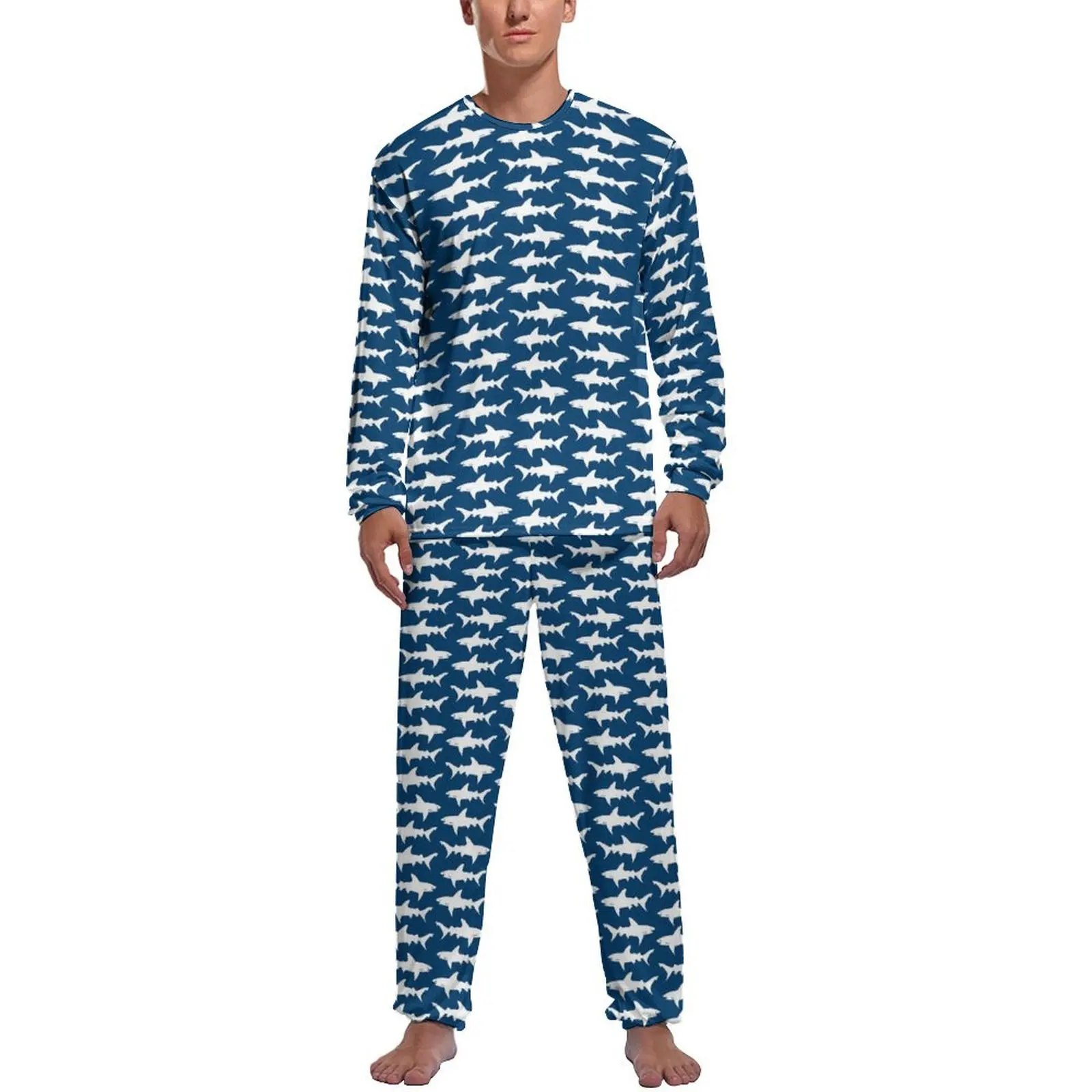 thumbnail image 1 of Pijamas de tiburón marino con estampado animal para hombre, conjuntos de pijamas encantadores de manga larga, dos piezas, ropa de dormir con patrón de otoño para el tiempo libre, regalo, 1 of 5