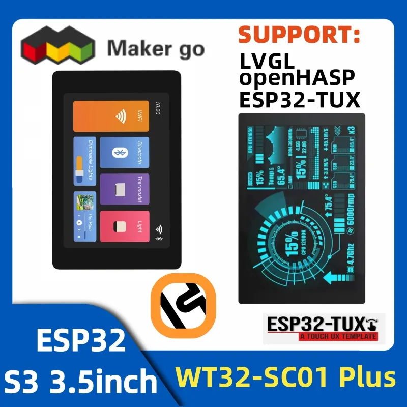 

WT32-SC01 Plus ESP32 LCD Display 3.5 inch 480 x 320 16MB Flash Memory TFT LCD Touch Screen Display with ESP32 Development Board