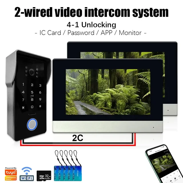 Tuya Smart IP 2-wired Doorbell Video Intercom System with Password IC Card Unlock 1080P 7inch Touch Screen 1