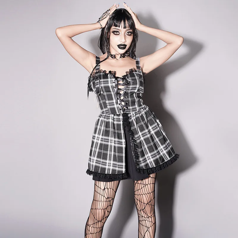 

Gothic DressSummer 2023 New Dark Gothic Style Hipster Hollow Slim Plaid Halter Dress Women's ModelsGoth dress