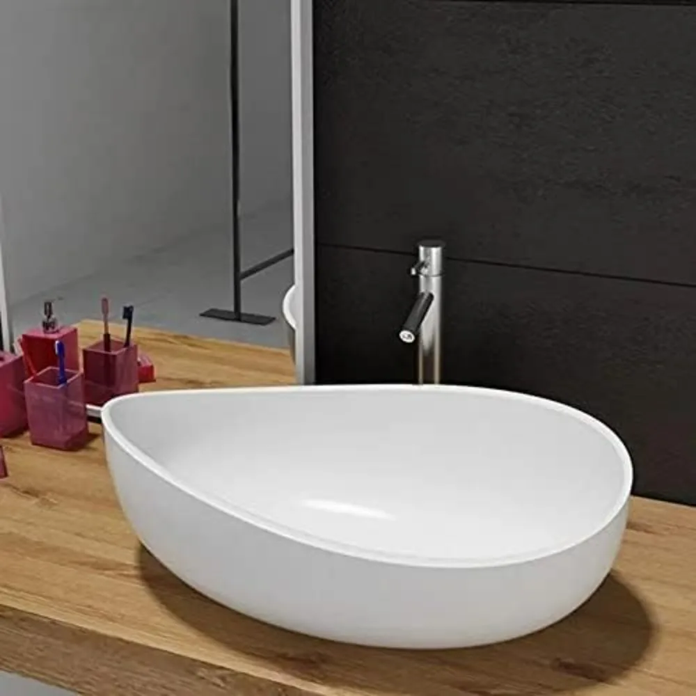 Oval Vessel  Stone Resin Bathroom Sink Modern Art Sink Matte White with Pop Up Drain (Glossy White) 3