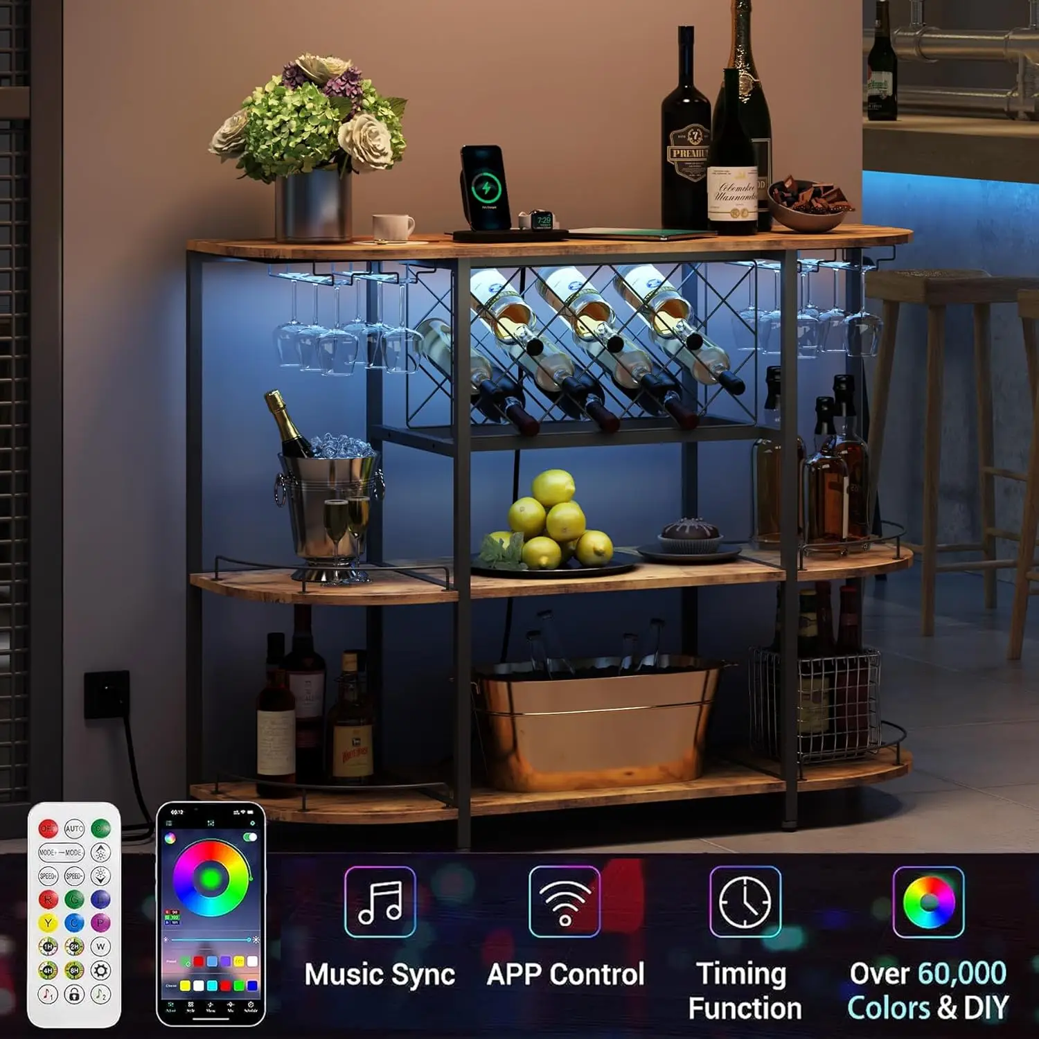 Wine Cabinet Bar Cart Table with Power Socket and LED Light,Three Tiers Coffee Bar Table Wine Rack Liqour Bar with Large Storage