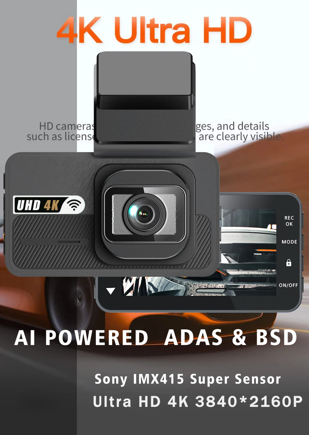 Description Picture 2 of item4K 2160P ADAS Dash Cam WIFI GPS Car DVR Camera Dual Lens Dashcam Video Drive Recorder Registrar Black Box AI Driver Assistance
