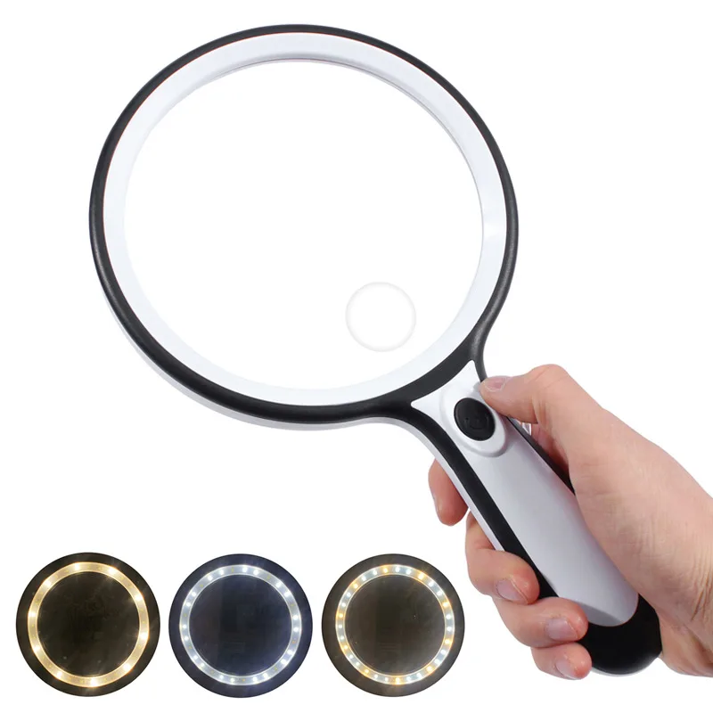 

150 mm Large Lens Handheld Magnifier 5X 10X Illuminated Reading Magnifying Glass w 20 White LED Light 10 Warm Light f Repairing