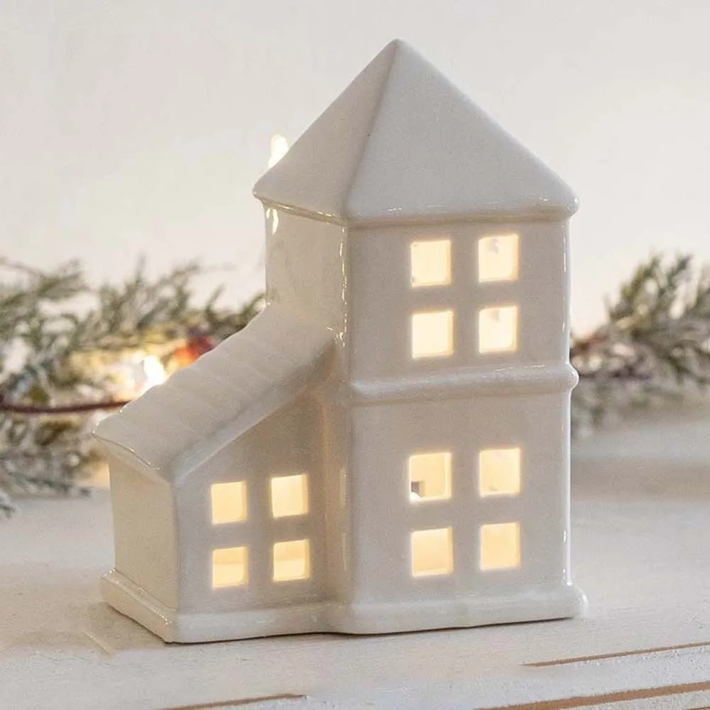 Ceramic Porcelain Lamp Ornament LED Exquisite Christmas Atmosphere Lights Warm Glow Button Batteries House-shaped Night Lamp