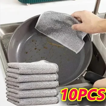 10 pezzi strofinaccio magico filo d'argento pulizia panno da cucina addensato asciugamano in microfibra spugna incorporata straccio a sfera in filo di acciaio 1