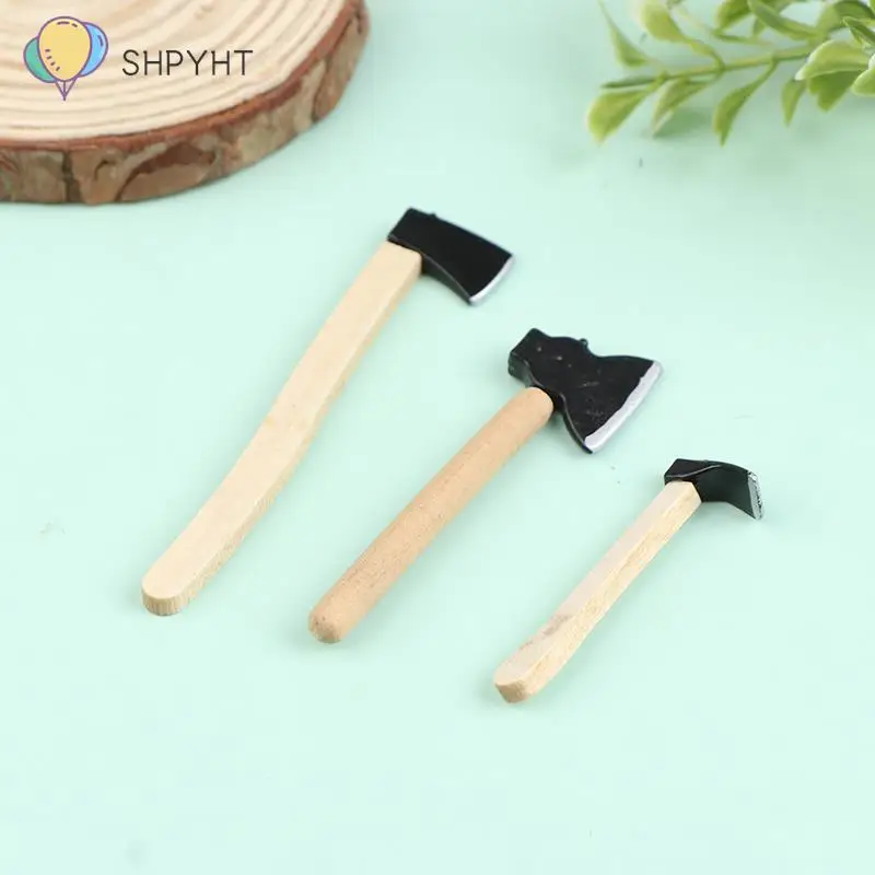 

3pcs Wooden Metal Hatchet Axe Set for 1:12 Dollhouse Miniature Fairy Garden Tools