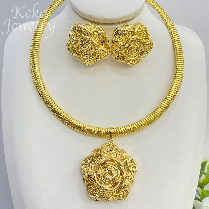 Elegant 18K Gold Plated Flower Jewelry Set for Women Italy Pendant  