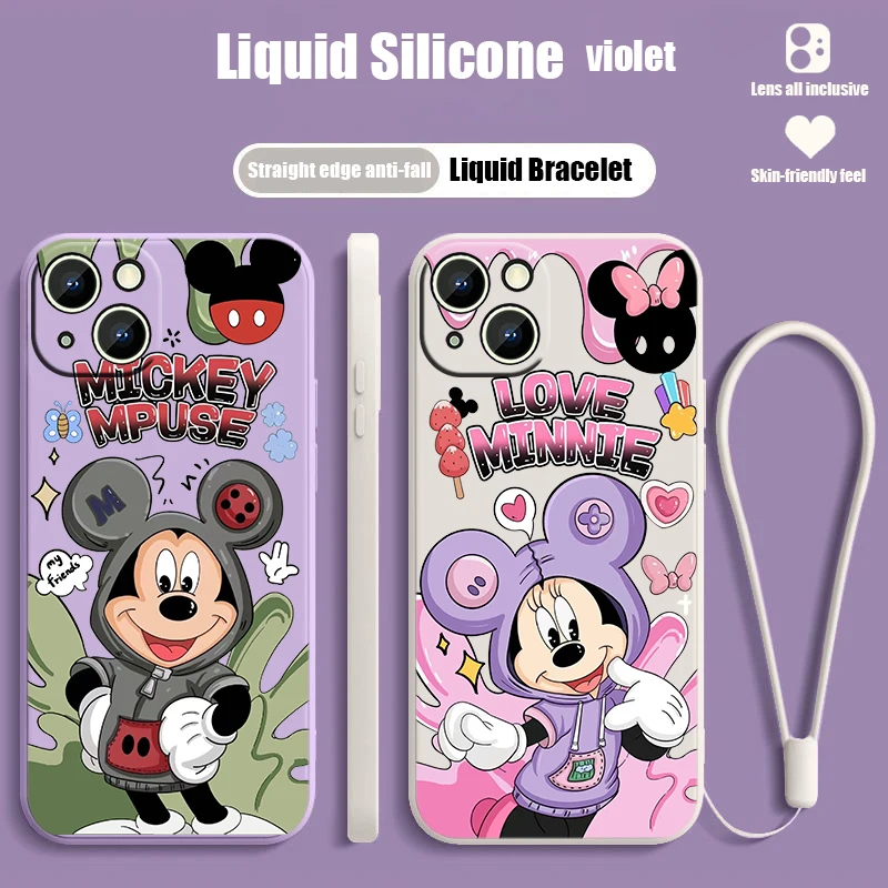 

Disney Cartoon Mickey Mouse For iPhone 14 13 12 Mini 11 Pro Max 8 7 Plus XR XS X Liquid Rope Funda Cover Silicone Phone Case