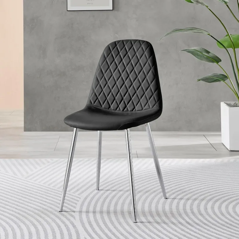 Furniturebox Dining Chair Set of 2 - Corona Silver Leg Black Faux Leather Dining Chair 2