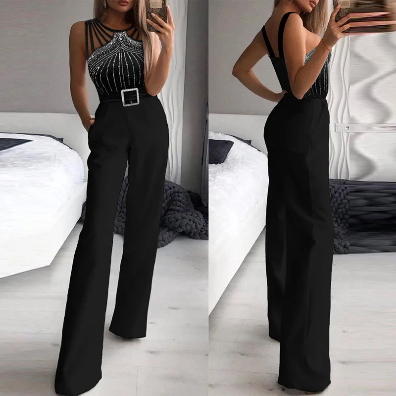 Elegant Pattern Print Straight Pants Playsuits Women Sexy Hollow Out Bandage Jumpsuit Ladies Fashion Long Sleeve Shiny Romper