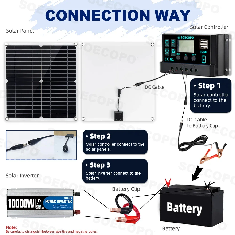 Solar Panel Kit 10000W Complete Set Dual USB Inverter 220V 300W Panel 100A Controller For RV Camping