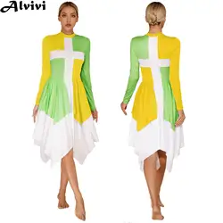 Womens Church Choir Worship Liturgical Dress Modren Lyrical Dance Stage Performance Dancewear Long Sleeve Irregular Hem Dresses