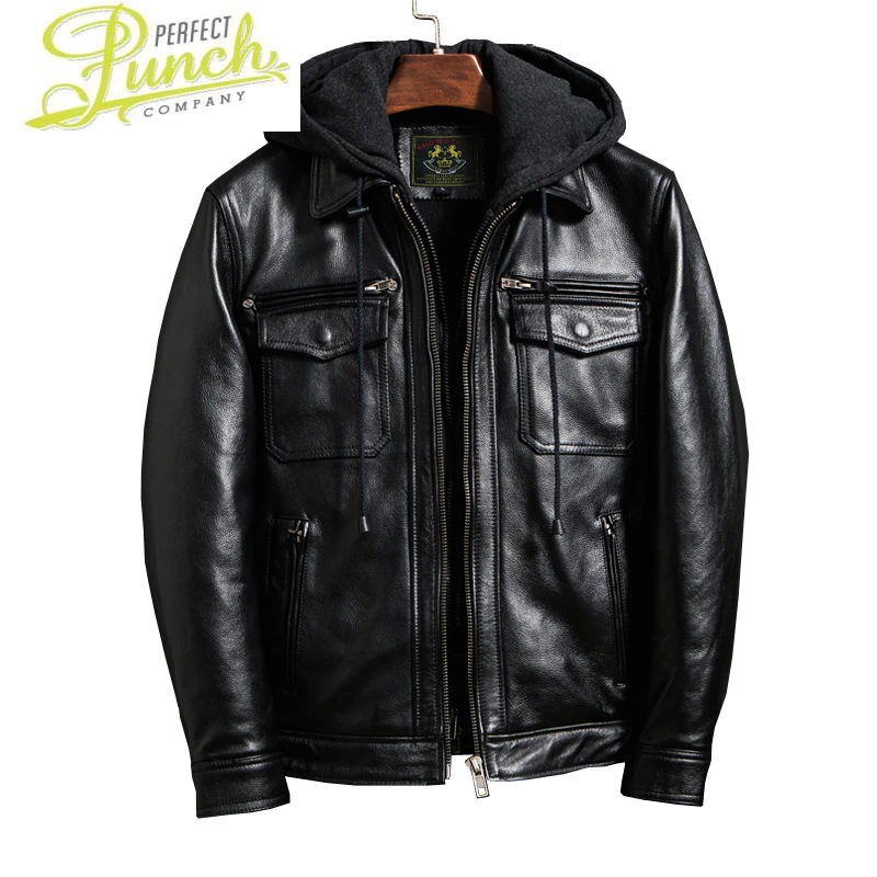 

Men Leather Winter Clothes Cow Leather Coat Jacket Short Warm Fashion Motorcycle Detachable Hooded Jackets Jaqueta Masculina Zm