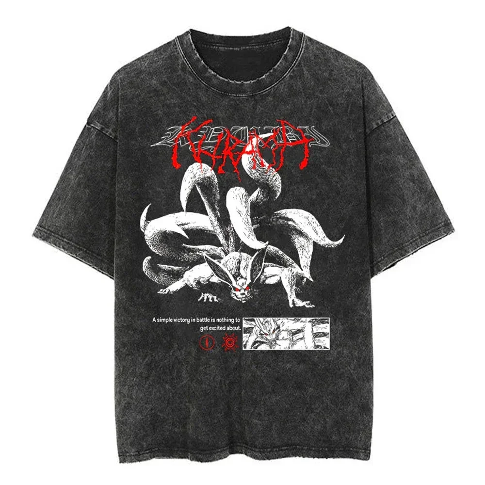 Men Streetwear Tshirt Japanese Naruto Anime Graphic T-Shirt Cotton Harajuku Washed T Shirt Summer Hip Hop Tops Tees Black