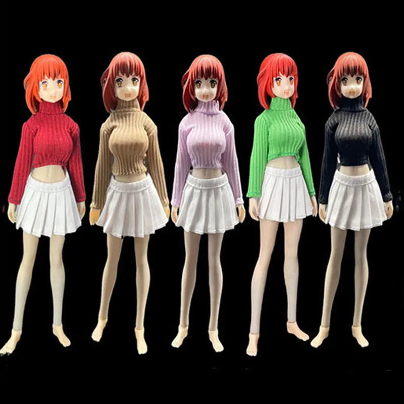 

1/12 Anime Girls Mini Pleated Skirt Candy Pullover Elastic Tight Sweater Clothes For Diy 6Inch Women Soldier Action Figure Body