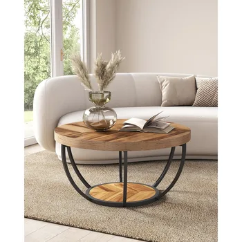 32" Circle Marble Coffee Tables, 2-Tier Golden Metal Legs Accent Center Table with Open Storage Modern Design Home Furniture 1