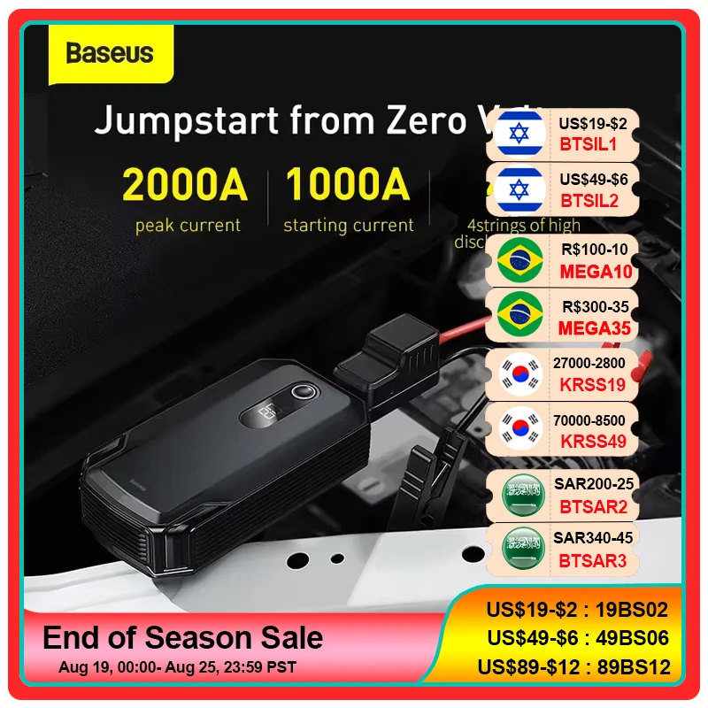 Baseus Car Jump Starter Power Bank 2000A / 1000A 12V Portable Battery Charger Auto 12V Emergency Booster Starting Device car jump starter