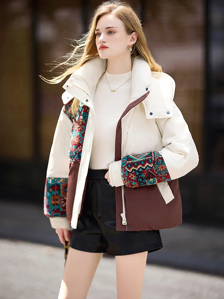 Winter Embroidery Hooded Patchwork Down Jacket Women White Duck Down Warm Jackets Female Thick Quilted Short Parka Outwears Coat