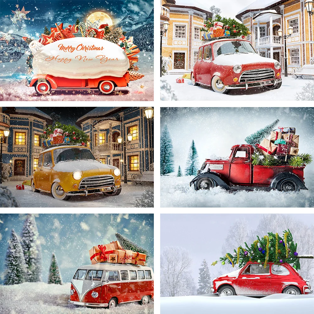 

Mehofond Winter Christmas Decoration Backdrops Car X-mas Tree Snowy Portrait Photography Background Photo Studio Photocall Props