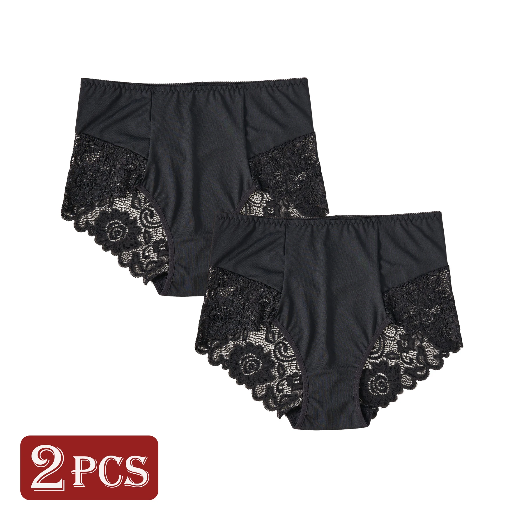 2PCS Black High Waist Women's Underwear Hollow Out Lace Floral Sexy Panties Solid Color Comfortable Briefs Lingerie S-XXL