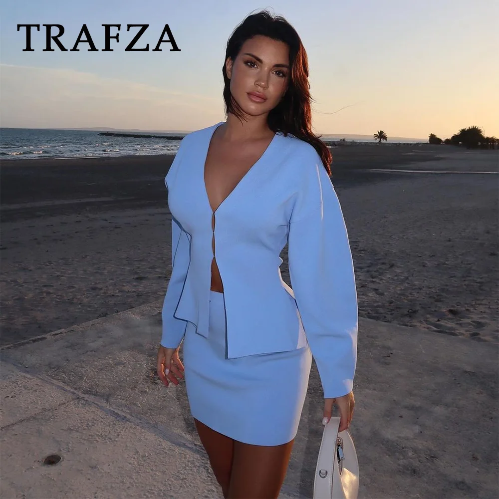 TRAFZA 2025 Spring Summer Sexy Solid Knitted Women Suits Fashion Nightclub V Neck Single Breasted Shirts+Chic Mini Pencil Skirts 3