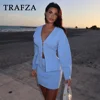 TRAFZA 2025 Spring Summer Sexy Solid Knitted Women Suits Fashion Nightclub V Neck Single Breasted Shirts+Chic Mini Pencil Skirts 3