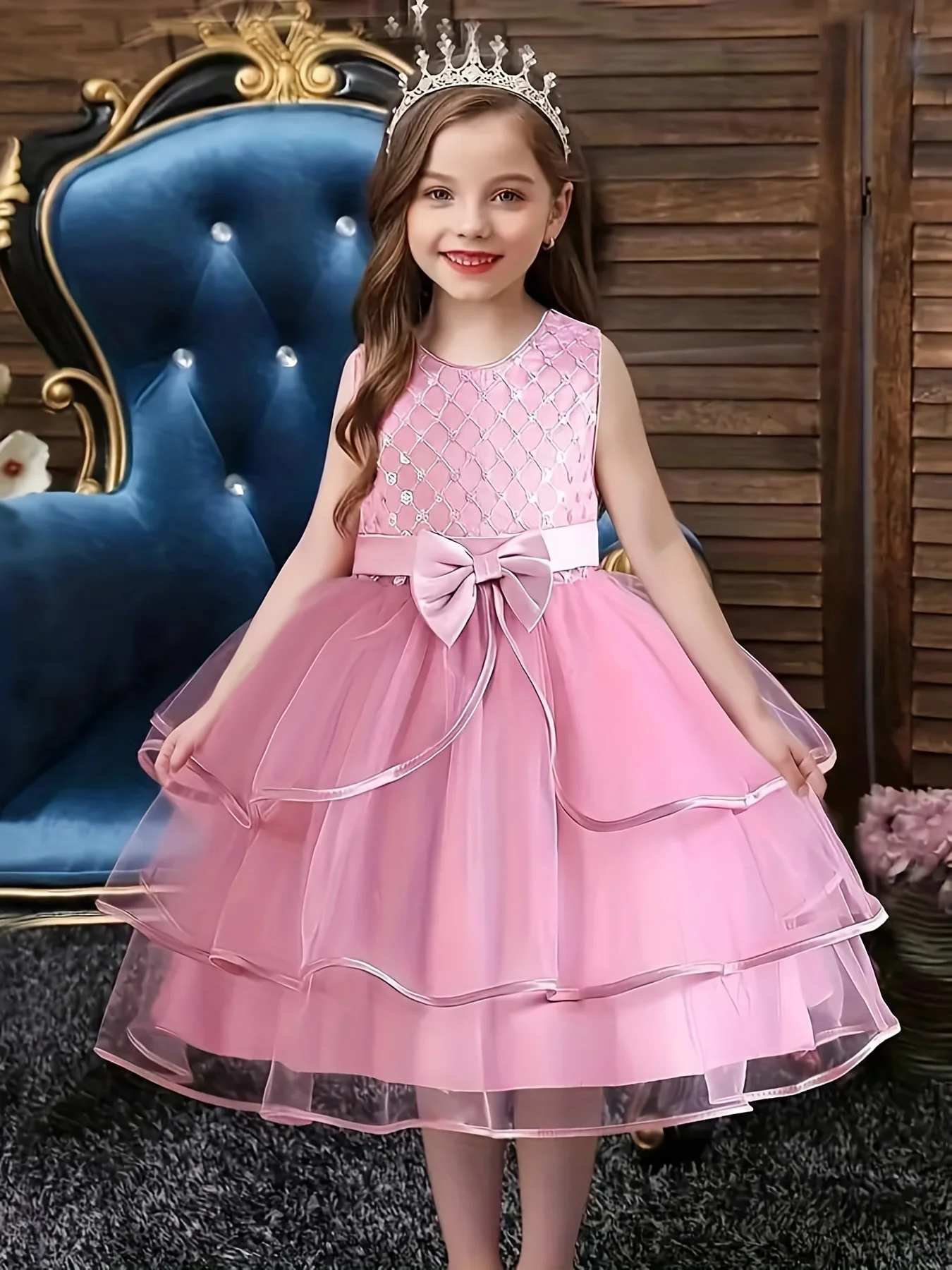 Cute Sleeveless Tulle Gown with Bow for Girls A Line Princess Dress with Imitation pearls