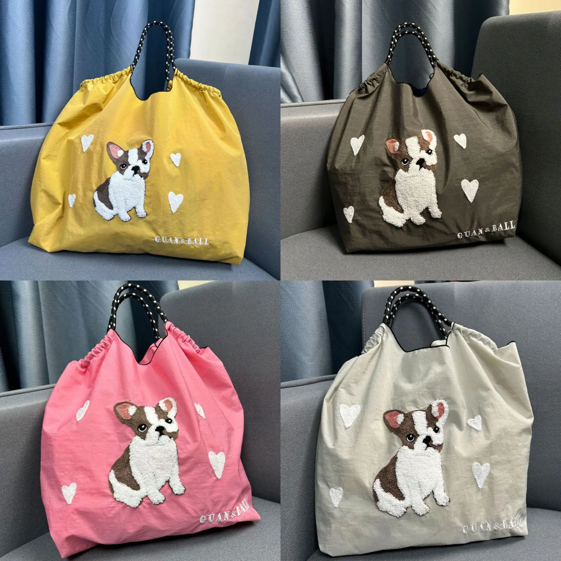 

Kawaii Экологически чистая вышитая сумка из нейлона с шариковой цепочкой, аниме, вместительная сумка для покупок, ручная сумка через плечо для собак, женские подарки