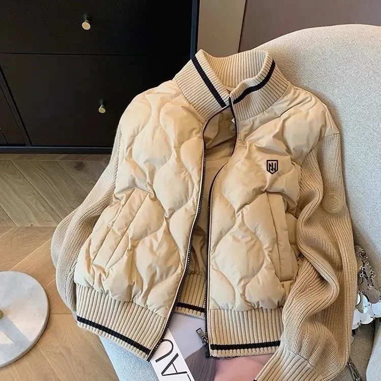 

High Quality Winter Korea Women Golf Coat Knitted Splicing Cotton Sweater Tops Thick Warm Fashion High Collar Ladies Golf Jacket