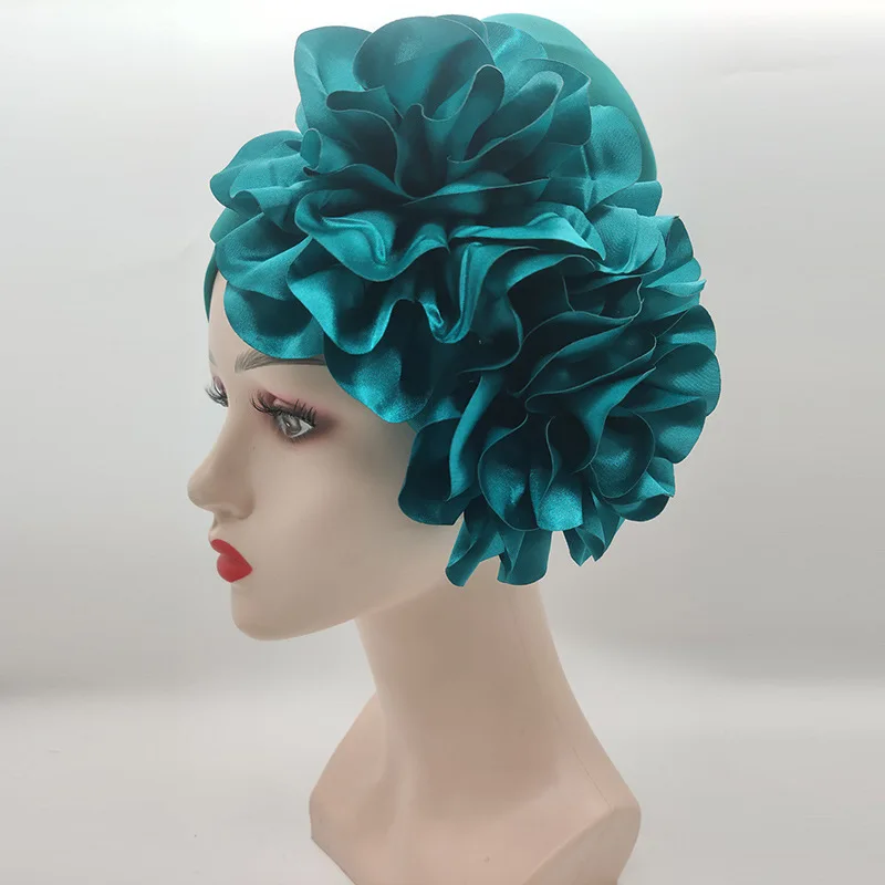 Trendy Silk Flower Turban Cap for Women Soild Color Beanies Hat Muslim Headscarf Hijab Bonnet Female Head Wraps Turbante Mujer 3