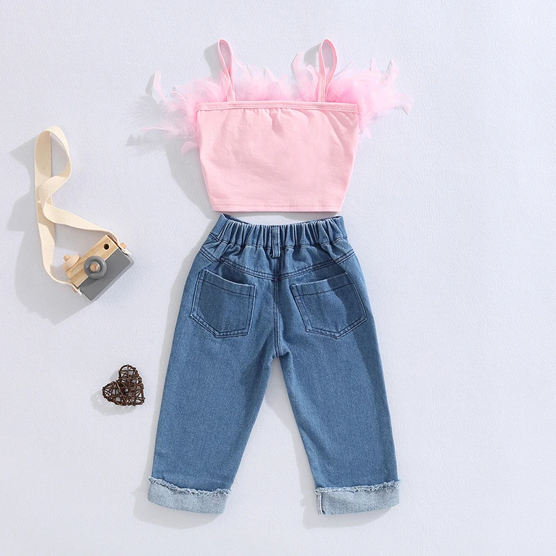 Kids Clothing Set Girls Clothing Set FOCUSNORM Little Girls Fashion Clothes Sets 1-6Y Ruffles Fur Feather Sleeveless Camisole Tops + High Waist Denim Pants 2pcs