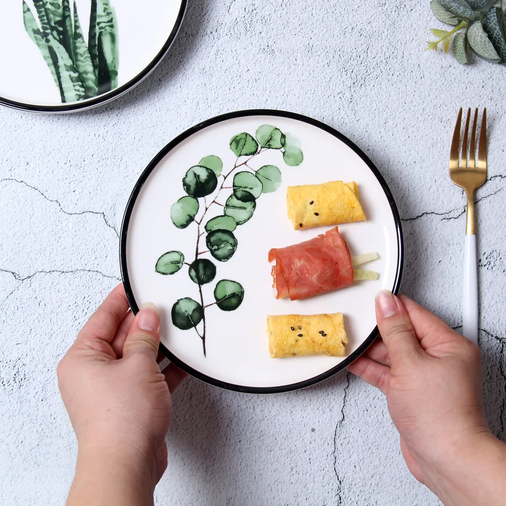 

Green Plants Design Porcelain Dinner Plate Tableware Set, Ceramic Dessert Plate, Dinnerware Cake Plate, Gift, 8 Inch, 1 Pc