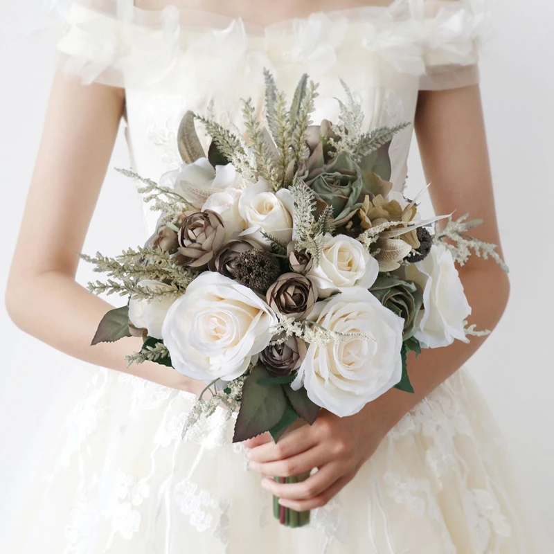 Vintage Europe Style Bridal Bouquet Handheld Artificial Silk Flower Ornament for Wedding Engagement Ceremony Party Props