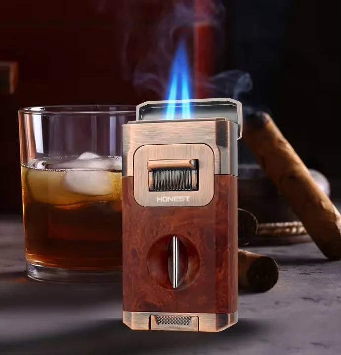

Unique Cigar Lighter with V Cutter Cigar Holder Double Jet Flame Butane Gas Lighter Torch Refillable Lighter Cigar Accessories