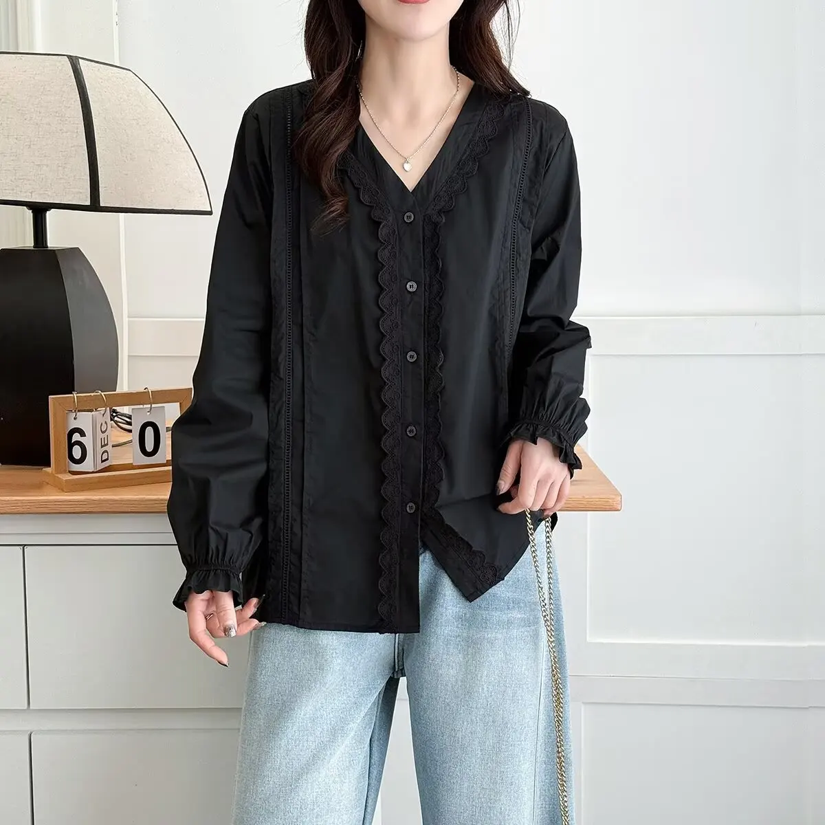 XXXXL Fashion Plus Size Women's Shirt 2025 Autumn Stylish V-neck Ruffle Hollow Out Long Sleeved Cotton Blouses 8083