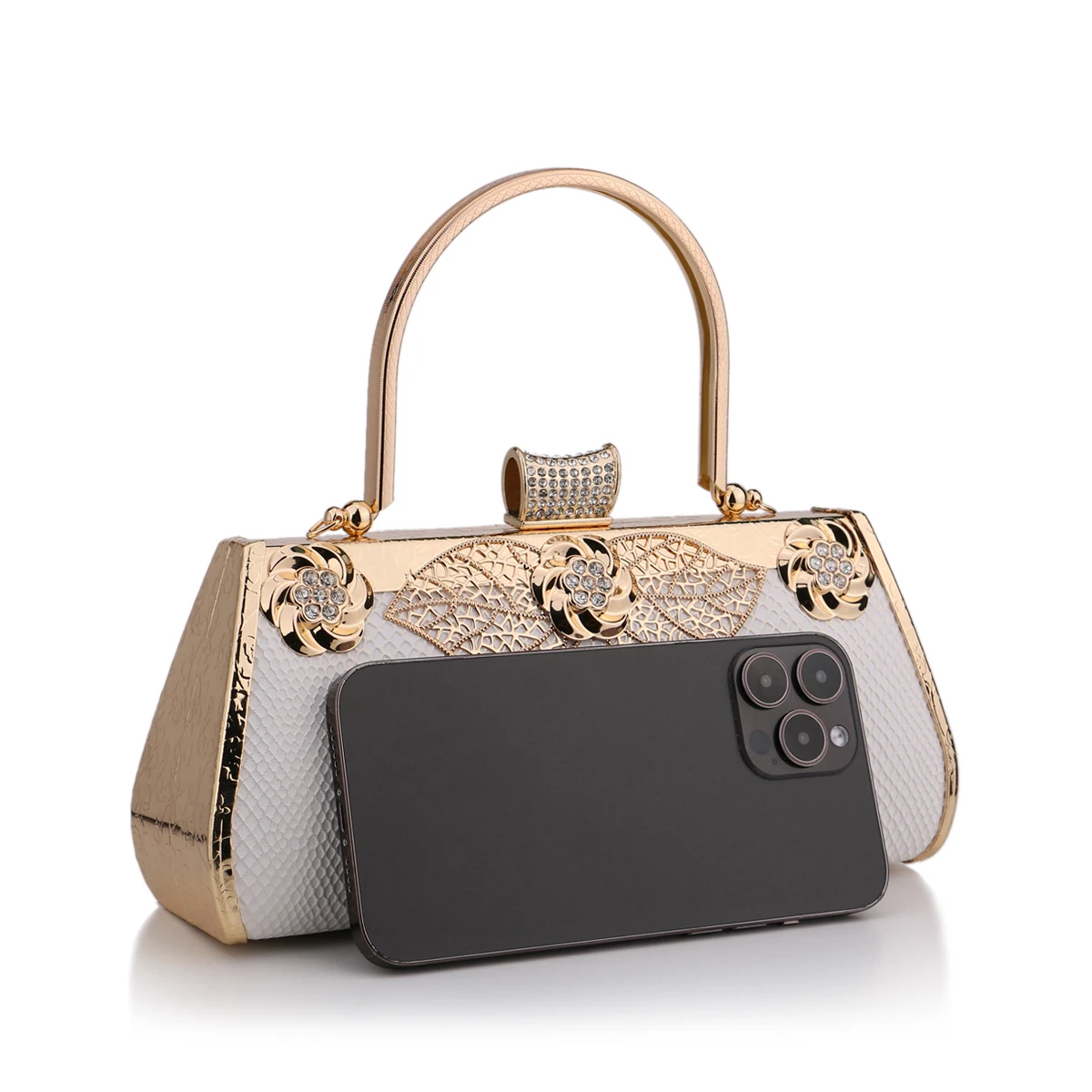 White Luxury Evening Clutch PU Handbag with Diamonds and Handle