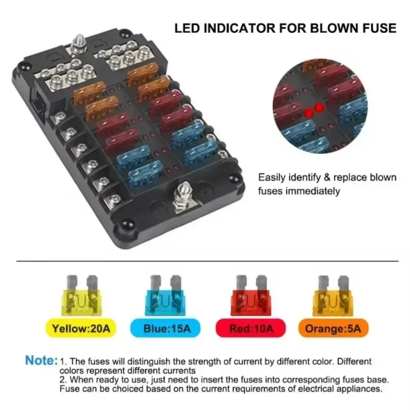 Blade Fuse Block Panel Car Boat 12 Way Power Distribution LED Indicator Holder E - Foto 5