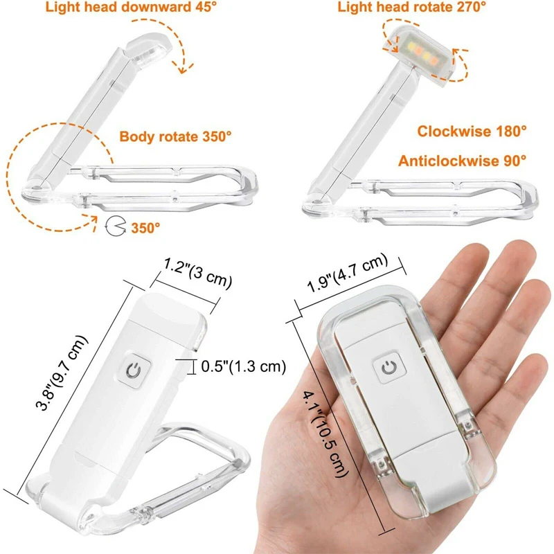 USB Rechargeable Adjustable Brightness LED Clip-On Bookmark Reading Light