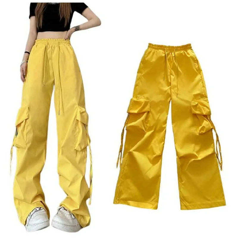 

Ribbon Large Pocket Cargo Pants Women High Waist Straight Wide Leg Pants Floor Trousers